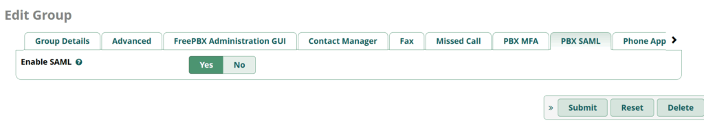Tabbed menu items under Edit Group showing PBX MFA, PBX SAML, and other tab names.