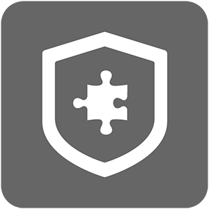 SAML icon is a white shield outline with a white outlined puzzle piece inside, set on a dark grey background square with rounded corners.